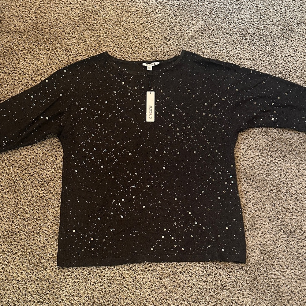 Chico's Elegant Black Pullover Sweater with Sparkling Silver Thread